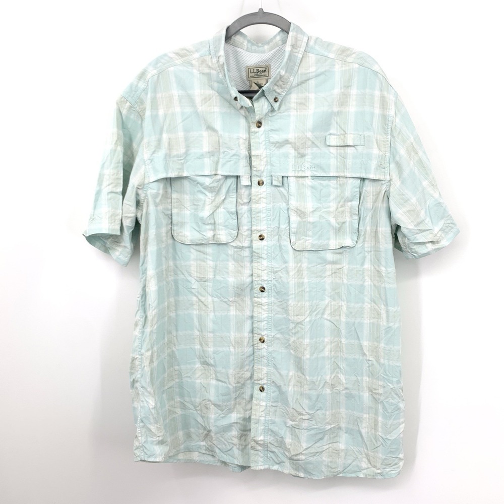 LL Bean Men Size XXL Shirt Blue Plaid Short Sleeve Button Down Top Nylon Vent